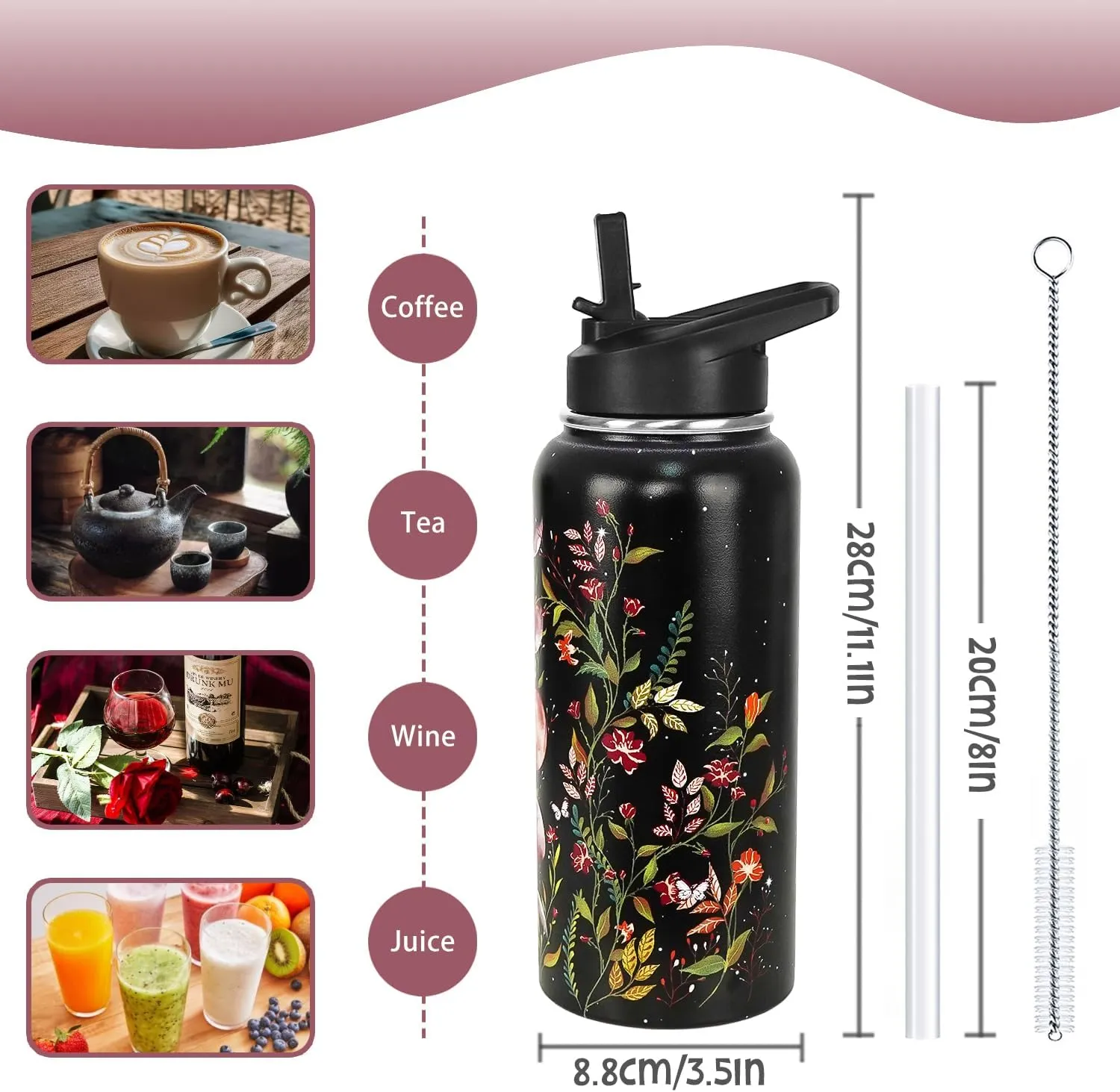 Goth Water Bottle with Straws Double Walled Vacuum Insulated Sports Bottle Gothic Flower Moon Travel Thermal Cup Leak Proof Stainless Steel Tumbler Witchy Decor Gifts-32 OZ