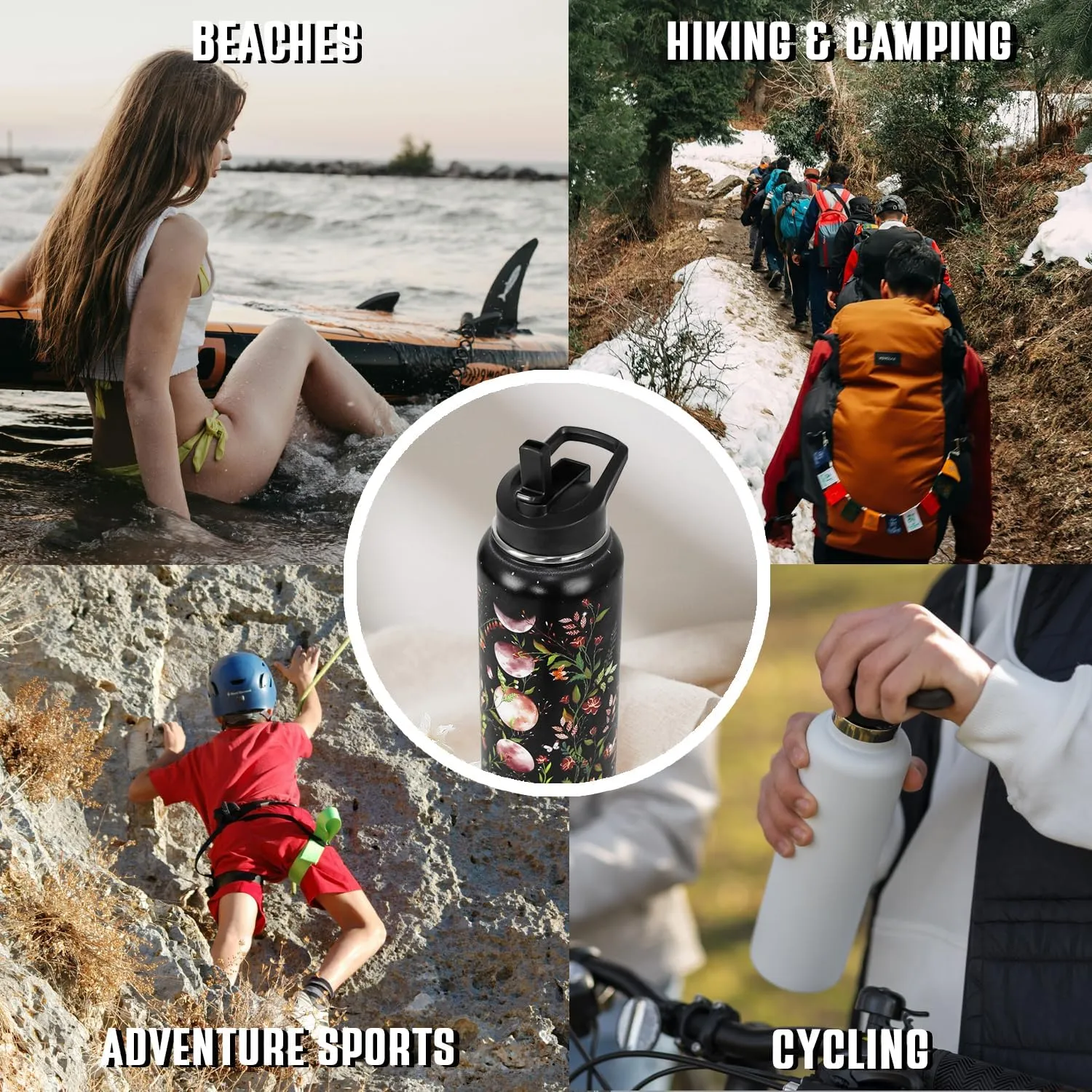 Goth Water Bottle with Straws Double Walled Vacuum Insulated Sports Bottle Gothic Flower Moon Travel Thermal Cup Leak Proof Stainless Steel Tumbler Witchy Decor Gifts-32 OZ