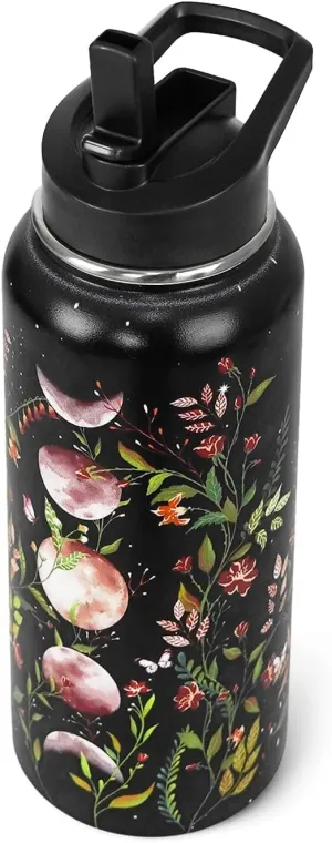 Goth Water Bottle with Straws Double Walled Vacuum Insulated Sports Bottle Gothic Flower Moon Travel Thermal Cup Leak Proof Stainless Steel Tumbler Witchy Decor Gifts-32 OZ