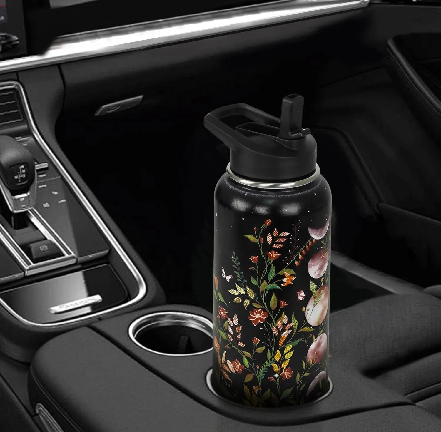 Goth Water Bottle with Straws Double Walled Vacuum Insulated Sports Bottle Gothic Flower Moon Travel Thermal Cup Leak Proof Stainless Steel Tumbler Witchy Decor Gifts-32 OZ