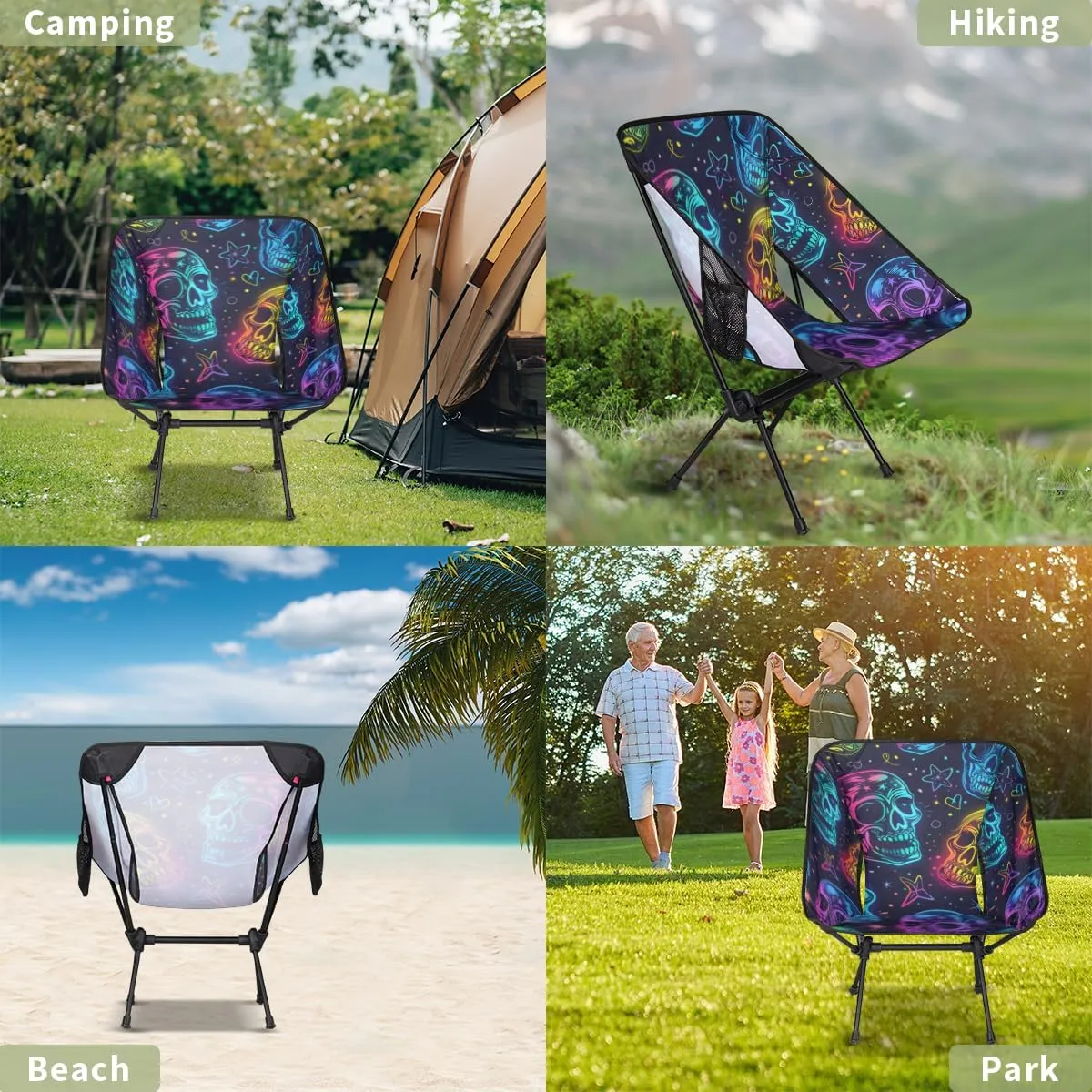 Gothic Skull Camping Chair Gothic Sugar Skull Lightweight Folding Chair Portable Compact for Outdoor, Travel, Beach, Hiking Backpacking