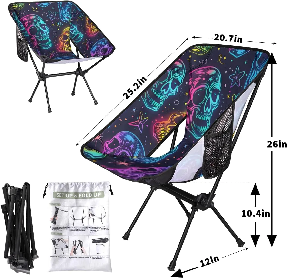Gothic Skull Camping Chair Gothic Sugar Skull Lightweight Folding Chair Portable Compact for Outdoor, Travel, Beach, Hiking Backpacking