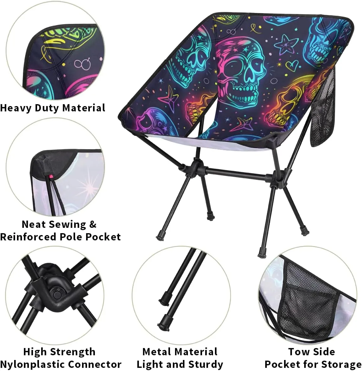 Gothic Skull Camping Chair Gothic Sugar Skull Lightweight Folding Chair Portable Compact for Outdoor, Travel, Beach, Hiking Backpacking