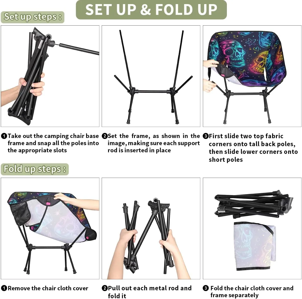 Gothic Skull Camping Chair Gothic Sugar Skull Lightweight Folding Chair Portable Compact for Outdoor, Travel, Beach, Hiking Backpacking