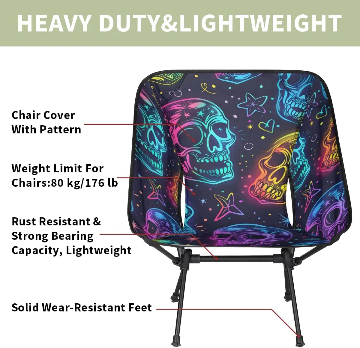 Gothic Skull Camping Chair Gothic Sugar Skull Lightweight Folding Chair Portable Compact for Outdoor, Travel, Beach, Hiking Backpacking