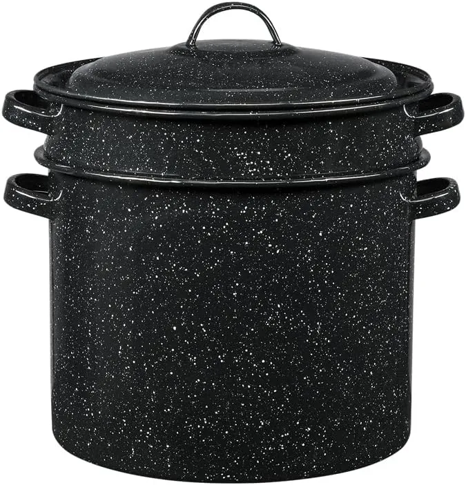 Granite Ware 7.5 Qt 3 Piece Multiuse Pasta Pot Set, Strainer Pot with lid. (Speckled Black) Seafood, Soups, Sauce, Large Capacity. Easy to Clean. Dishwasher Safe.