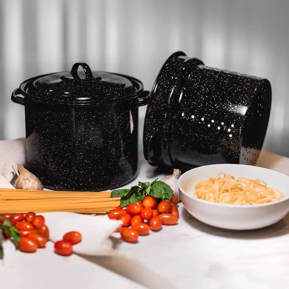 Granite Ware 7.5 Qt 3 Piece Multiuse Pasta Pot Set, Strainer Pot with lid. (Speckled Black) Seafood, Soups, Sauce, Large Capacity. Easy to Clean. Dishwasher Safe.