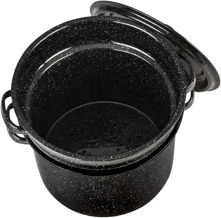 Granite Ware 7.5 Qt 3 Piece Multiuse Pasta Pot Set, Strainer Pot with lid. (Speckled Black) Seafood, Soups, Sauce, Large Capacity. Easy to Clean. Dishwasher Safe.