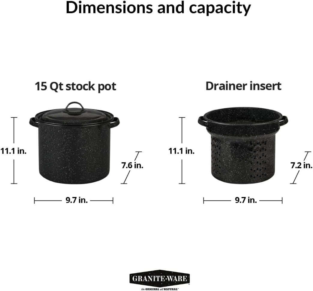 Granite Ware 7.5 Qt 3 Piece Multiuse Pasta Pot Set, Strainer Pot with lid. (Speckled Black) Seafood, Soups, Sauce, Large Capacity. Easy to Clean. Dishwasher Safe.