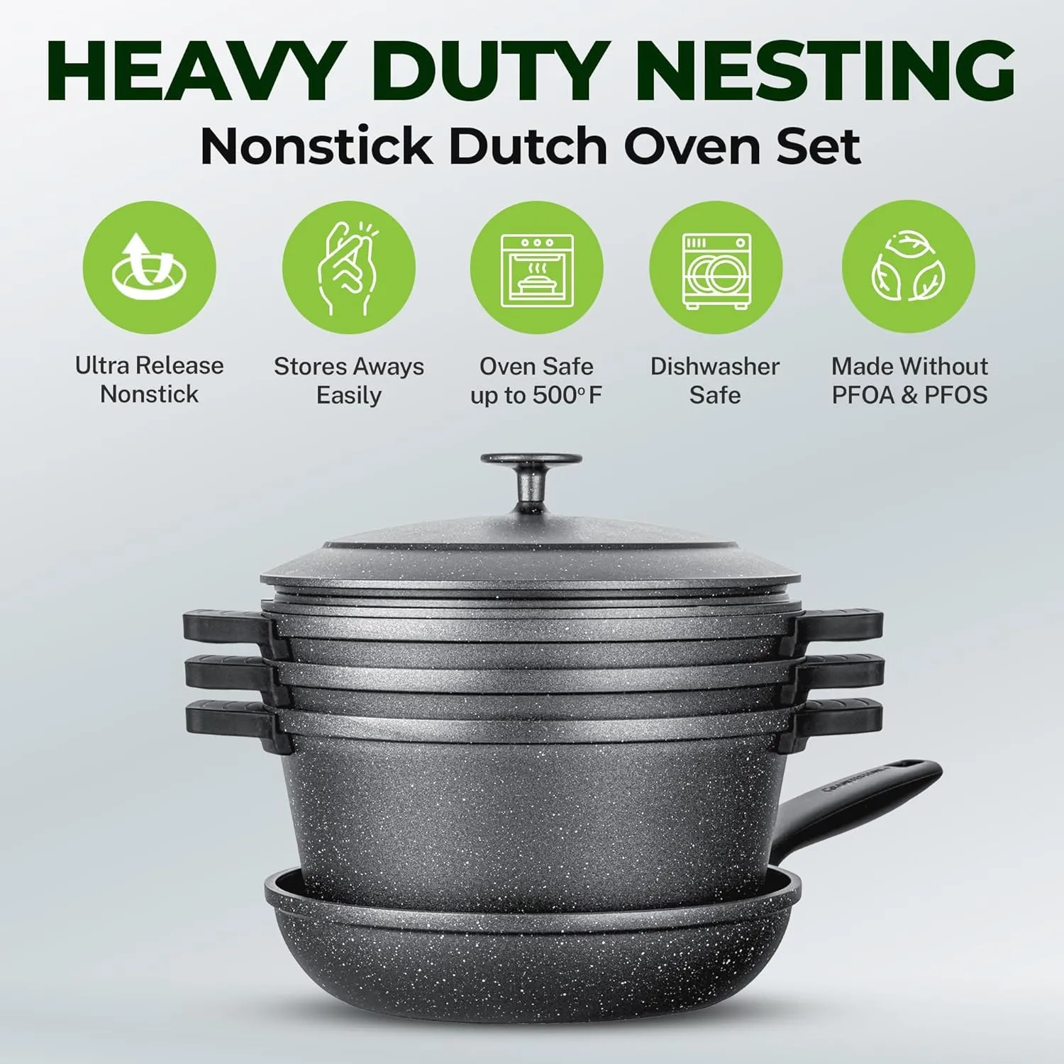 Granitestone 12 Pc Pots and Pans Set Non Stick, Nesting Dutch Oven Pots Set with Lid   Removeable Silicone Handles, Induction Cookware Sets for Kitchen, Dishwasher and Oven Safe