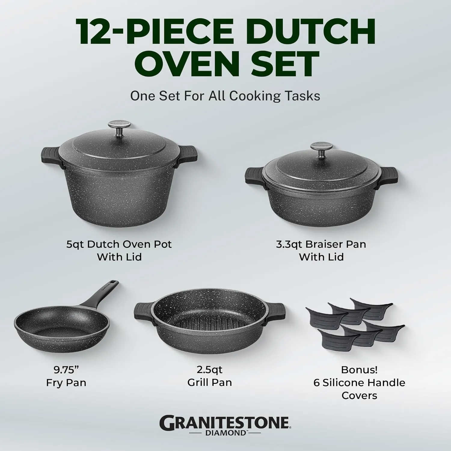 Granitestone 12 Pc Pots and Pans Set Non Stick, Nesting Dutch Oven Pots Set with Lid   Removeable Silicone Handles, Induction Cookware Sets for Kitchen, Dishwasher and Oven Safe
