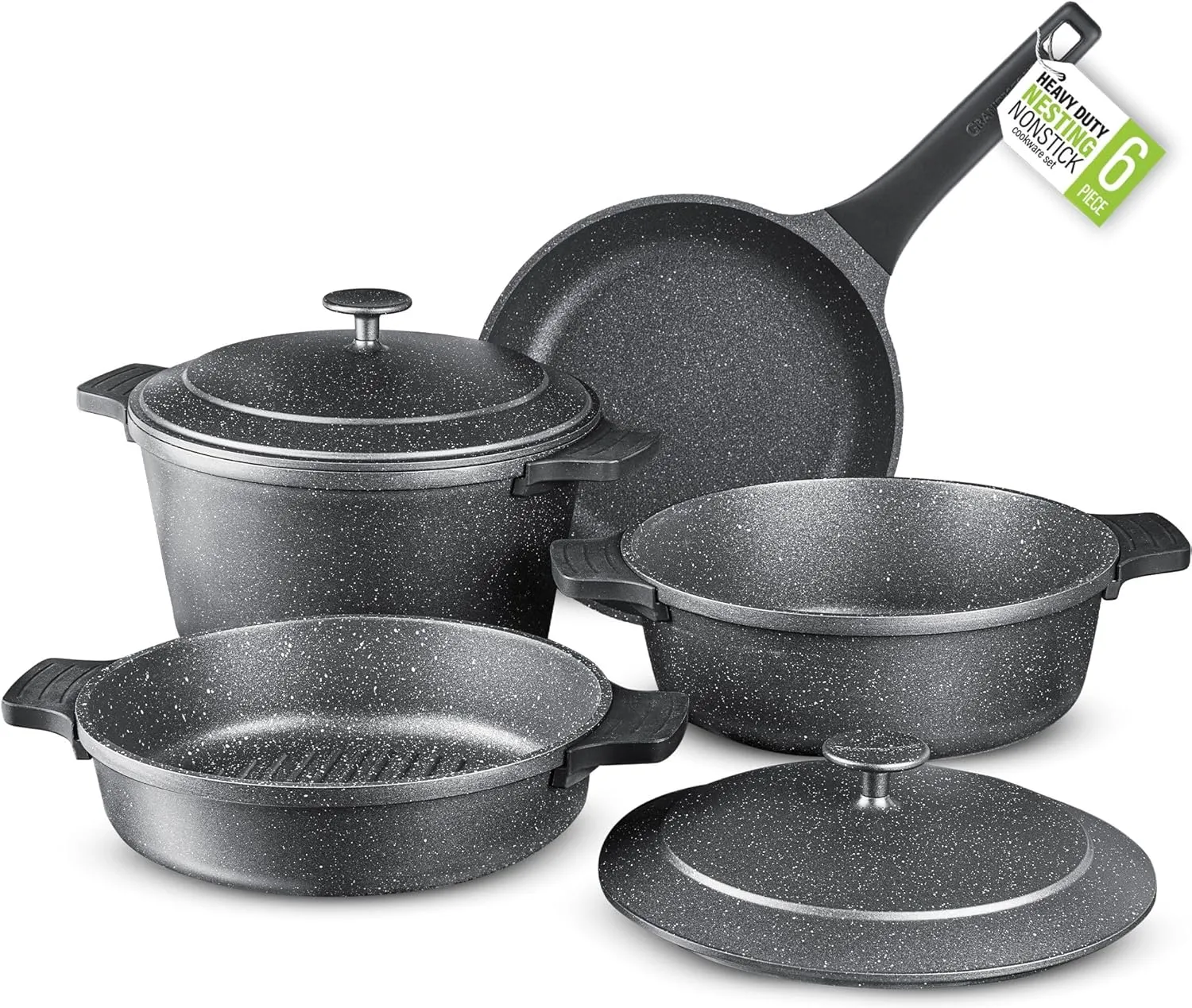 Granitestone 12 Pc Pots and Pans Set Non Stick, Nesting Dutch Oven Pots Set with Lid   Removeable Silicone Handles, Induction Cookware Sets for Kitchen, Dishwasher and Oven Safe