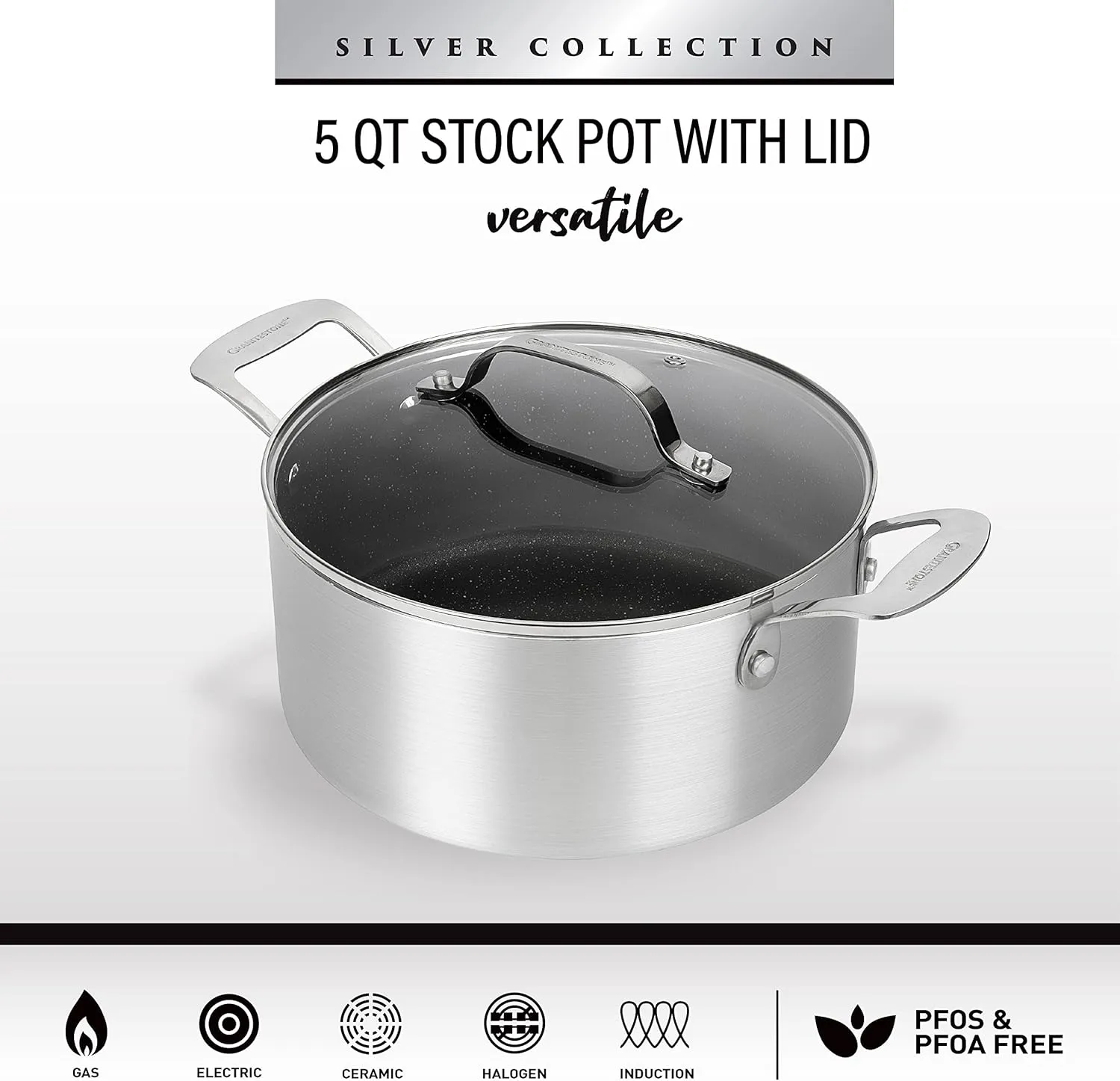 Granitestone 5 Quart Stock Pot Nonstick Coating hard anodized Pasta Pot Stock Pot with Tempered Glass Lid -100% PFOA Free-Dishwasher & Oven Induction Safe