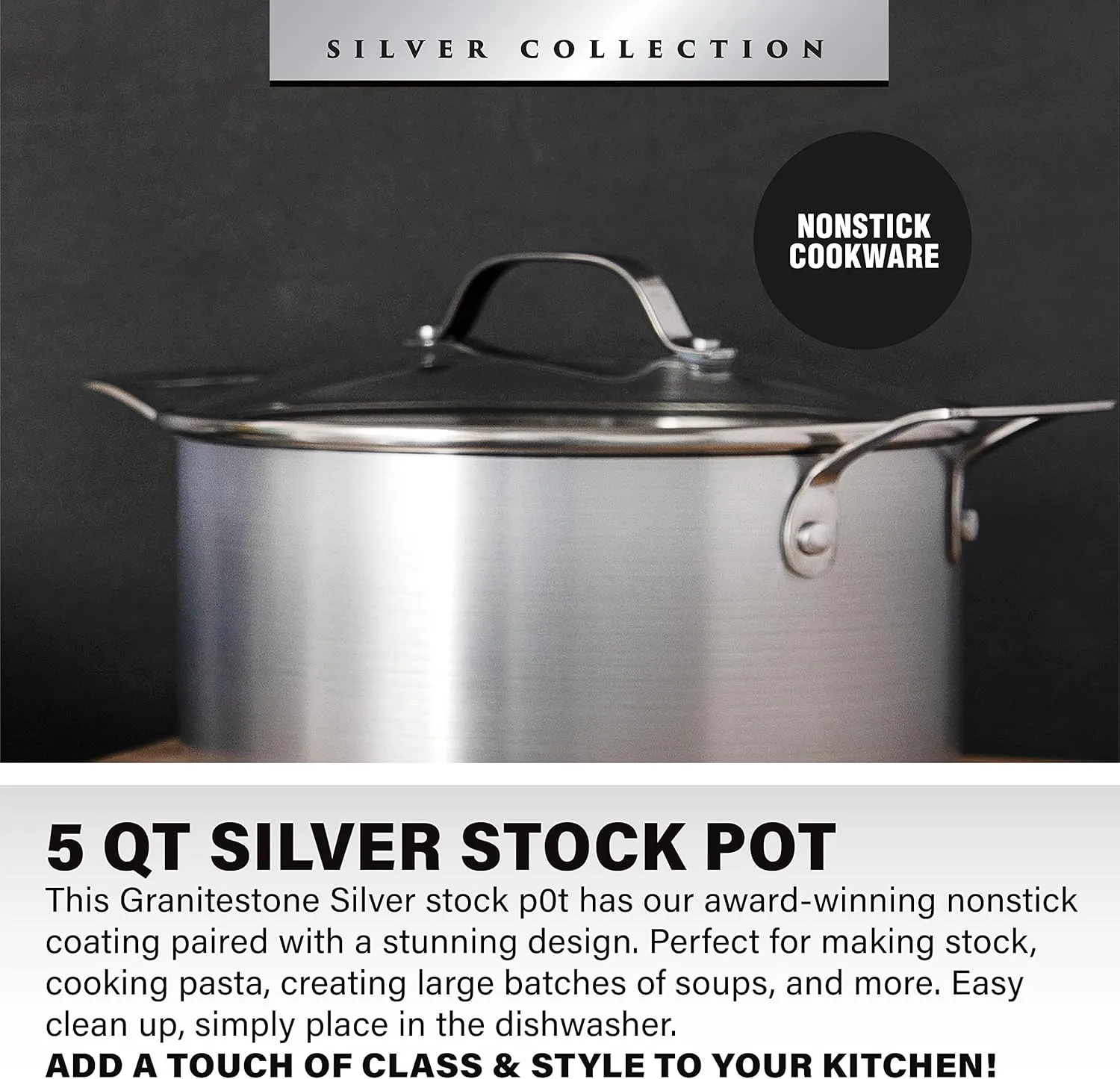 Granitestone 5 Quart Stock Pot Nonstick Coating hard anodized Pasta Pot Stock Pot with Tempered Glass Lid -100% PFOA Free-Dishwasher & Oven Induction Safe