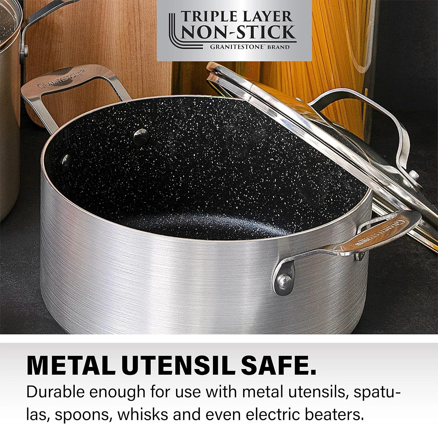 Granitestone 5 Quart Stock Pot Nonstick Coating hard anodized Pasta Pot Stock Pot with Tempered Glass Lid -100% PFOA Free-Dishwasher & Oven Induction Safe