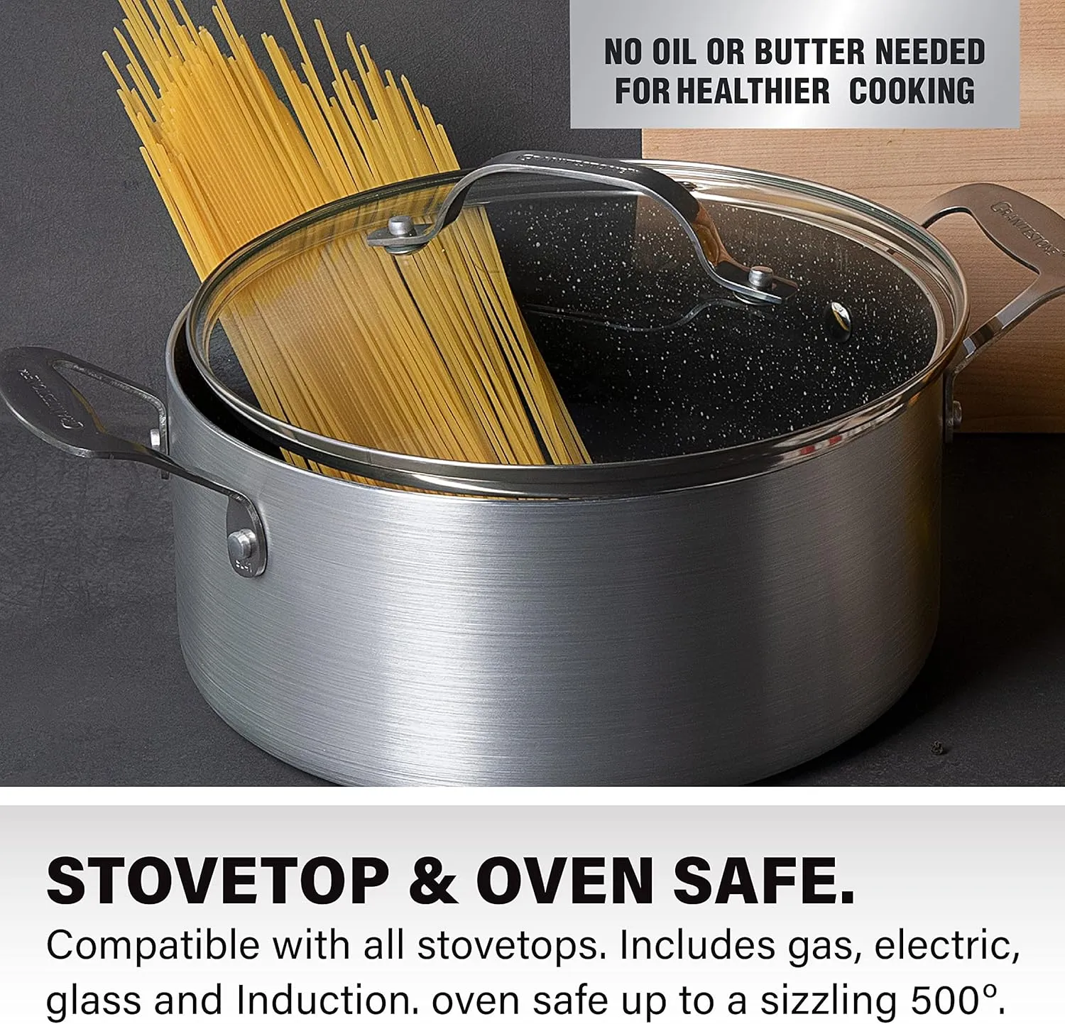 Granitestone 5 Quart Stock Pot Nonstick Coating hard anodized Pasta Pot Stock Pot with Tempered Glass Lid -100% PFOA Free-Dishwasher & Oven Induction Safe