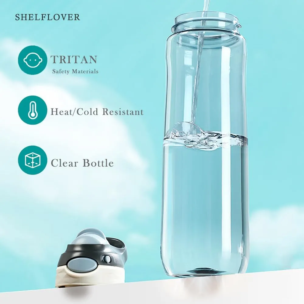 Gray Water Bottle No Straw, BPA FREE TRITAN, Lock Button Has Handle Clear Bottles, Wide Mouth Easy Clean for Women Office Travel Yoga, 24oz (750ml)