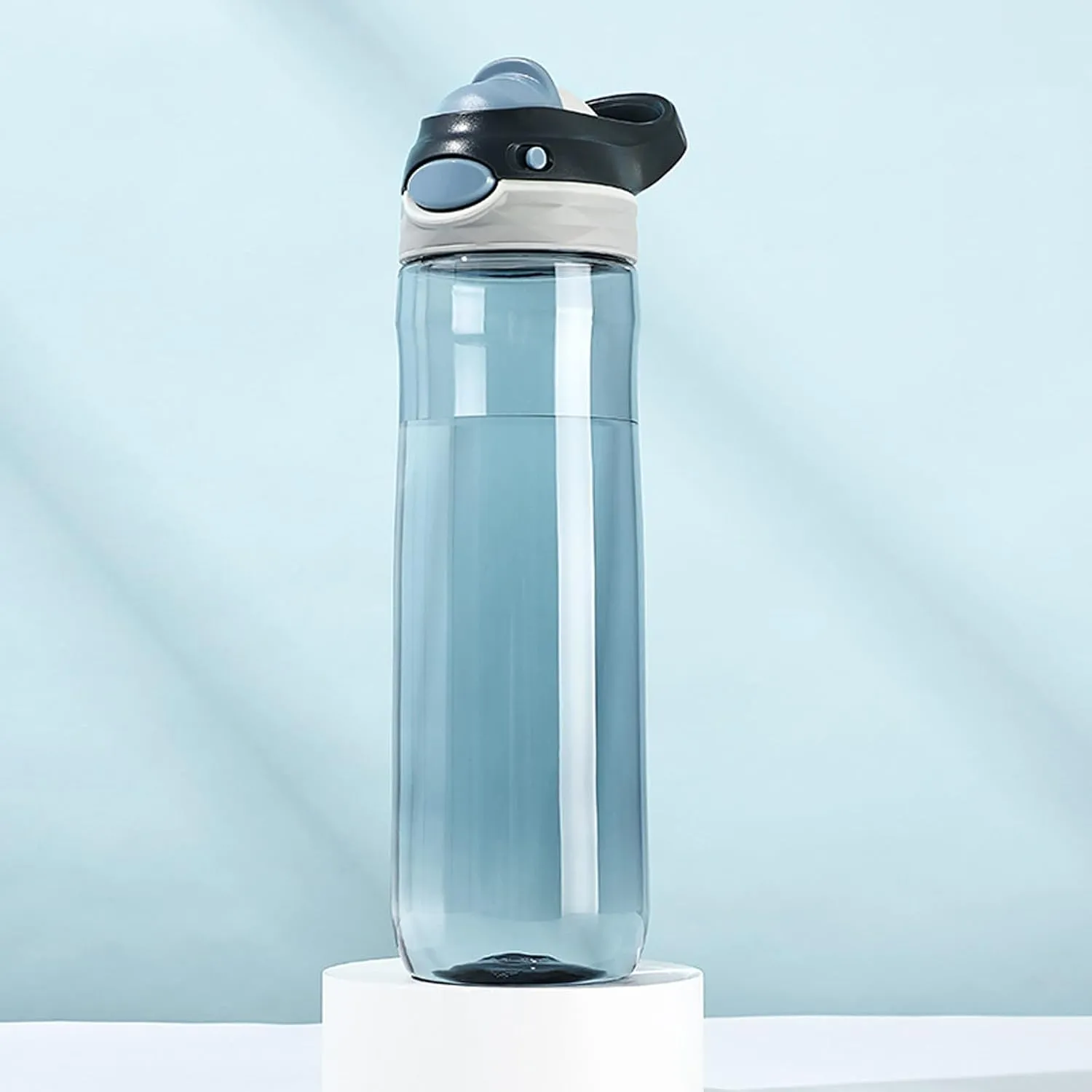 Gray Water Bottle No Straw, BPA FREE TRITAN, Lock Button Has Handle Clear Bottles, Wide Mouth Easy Clean for Women Office Travel Yoga, 24oz (750ml)