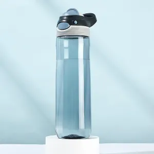 Gray Water Bottle No Straw, BPA FREE TRITAN, Lock Button Has Handle Clear Bottles, Wide Mouth Easy Clean for Women Office Travel Yoga, 24oz (750ml)