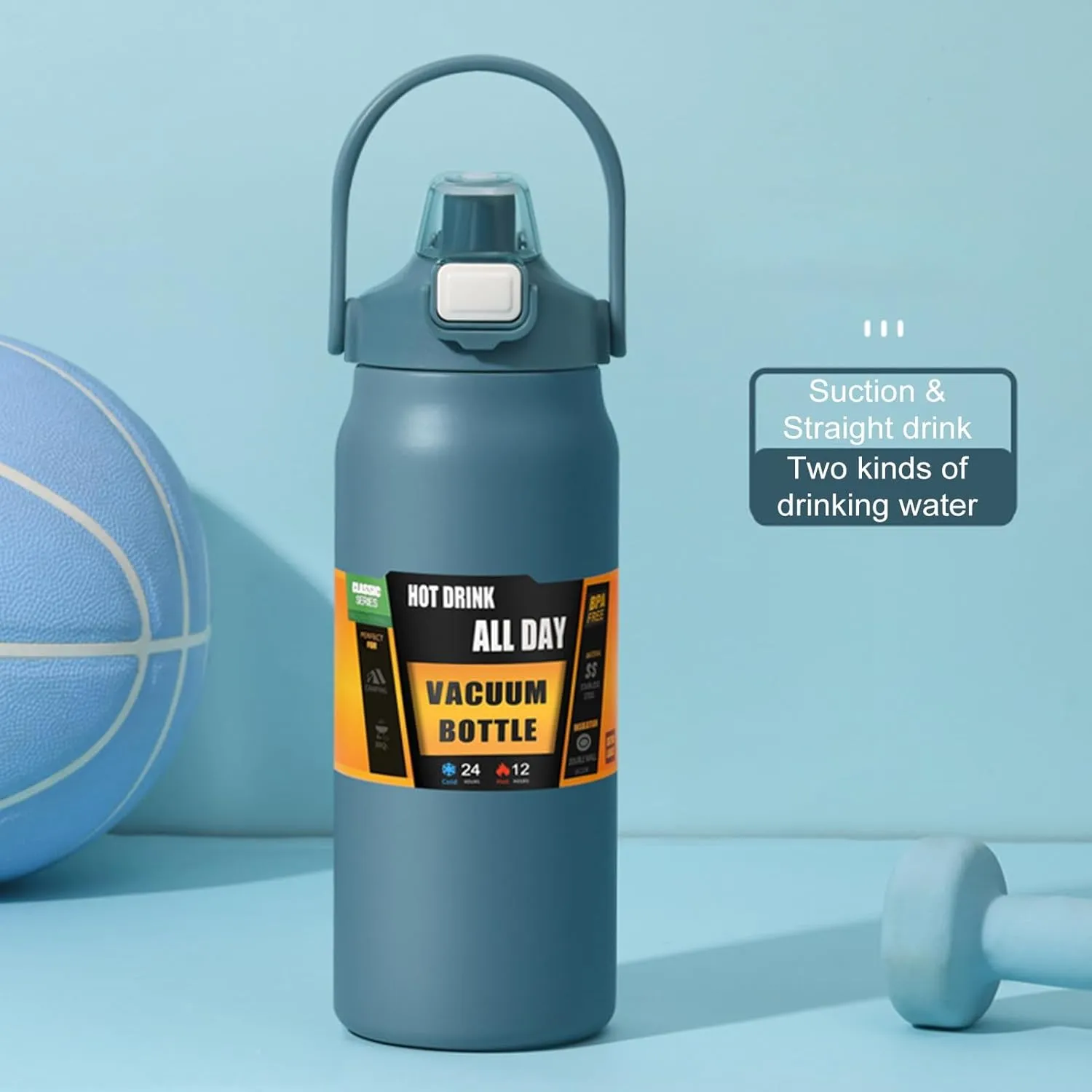 Grebest Leak-Free Vacuum Cup Double-Layer Portable Stainless Steel Thermal with Straw Insulated Sport Water Bottle for Travel Sports Outdoor Activities Large Blue 1500ML