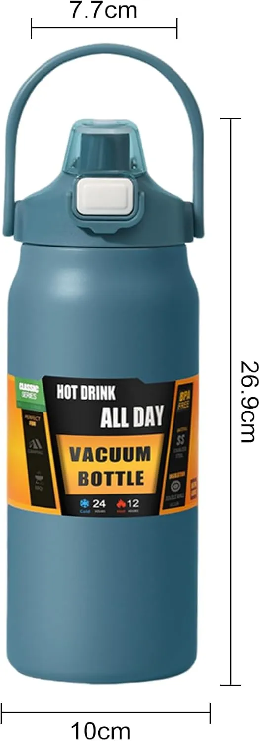 Grebest Leak-Free Vacuum Cup Double-Layer Portable Stainless Steel Thermal with Straw Insulated Sport Water Bottle for Travel Sports Outdoor Activities Large Blue 1500ML
