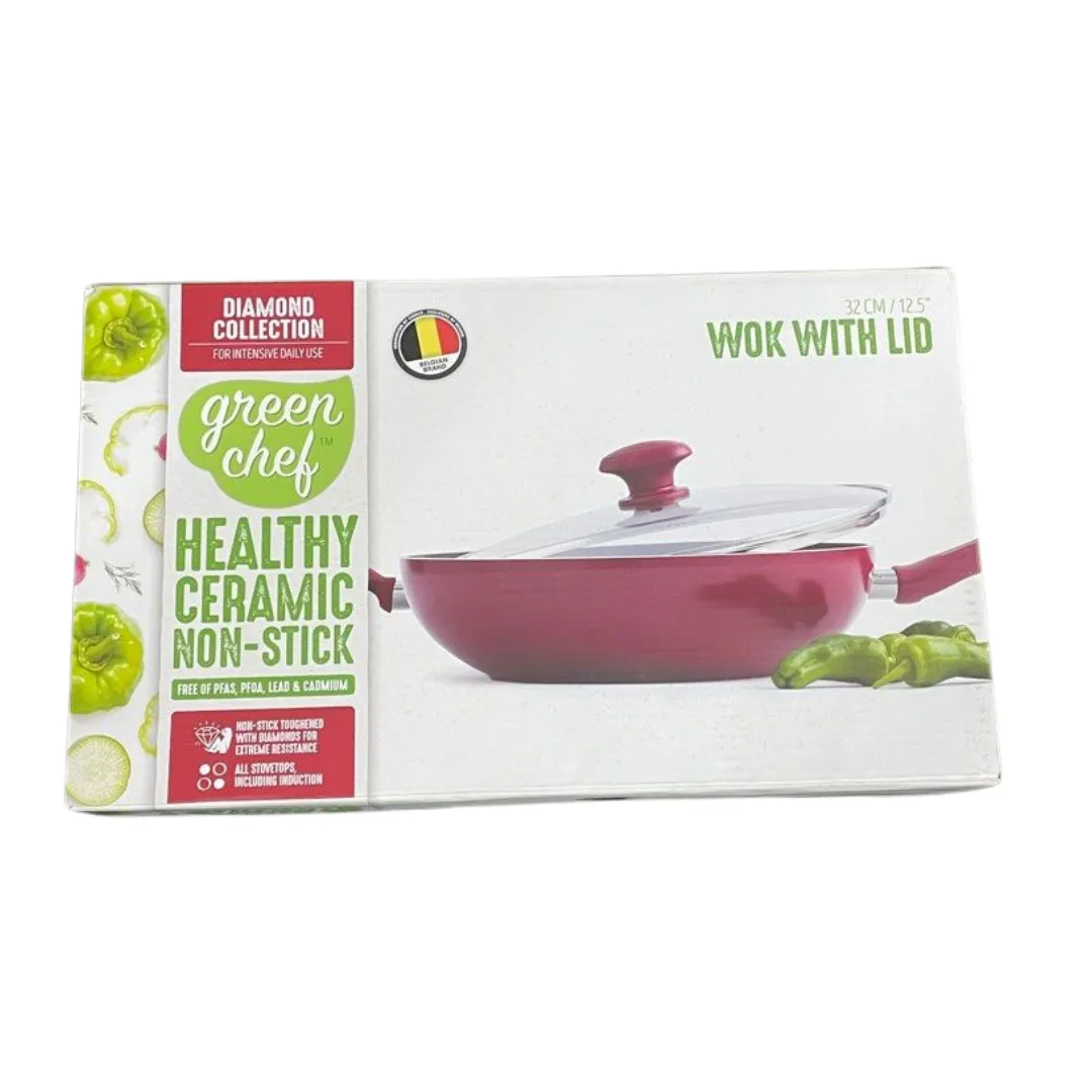 Greenchef 32cm Ceramic Non-stick Covered Wok - Diamond Red