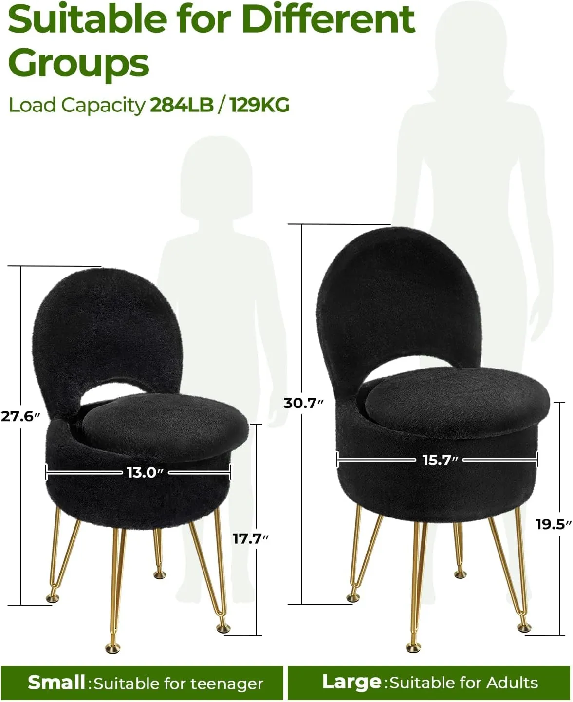 GREENSTELL Small Vanity Stool Chair with Storage and Folding Back, 13" x 13" x 17.7" Faux Fur Soft Ottoman for Teenager, 4 Metal Legs with Anti-Slip Feet, Furry Padded Seat for Makeup, Bedroom, Black