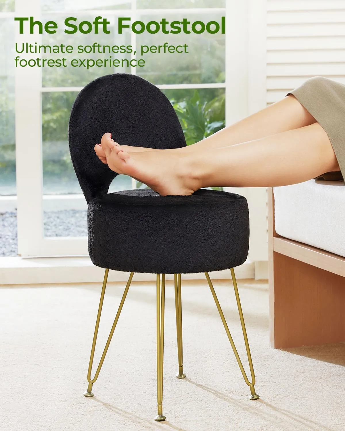 GREENSTELL Small Vanity Stool Chair with Storage and Folding Back, 13" x 13" x 17.7" Faux Fur Soft Ottoman for Teenager, 4 Metal Legs with Anti-Slip Feet, Furry Padded Seat for Makeup, Bedroom, Black