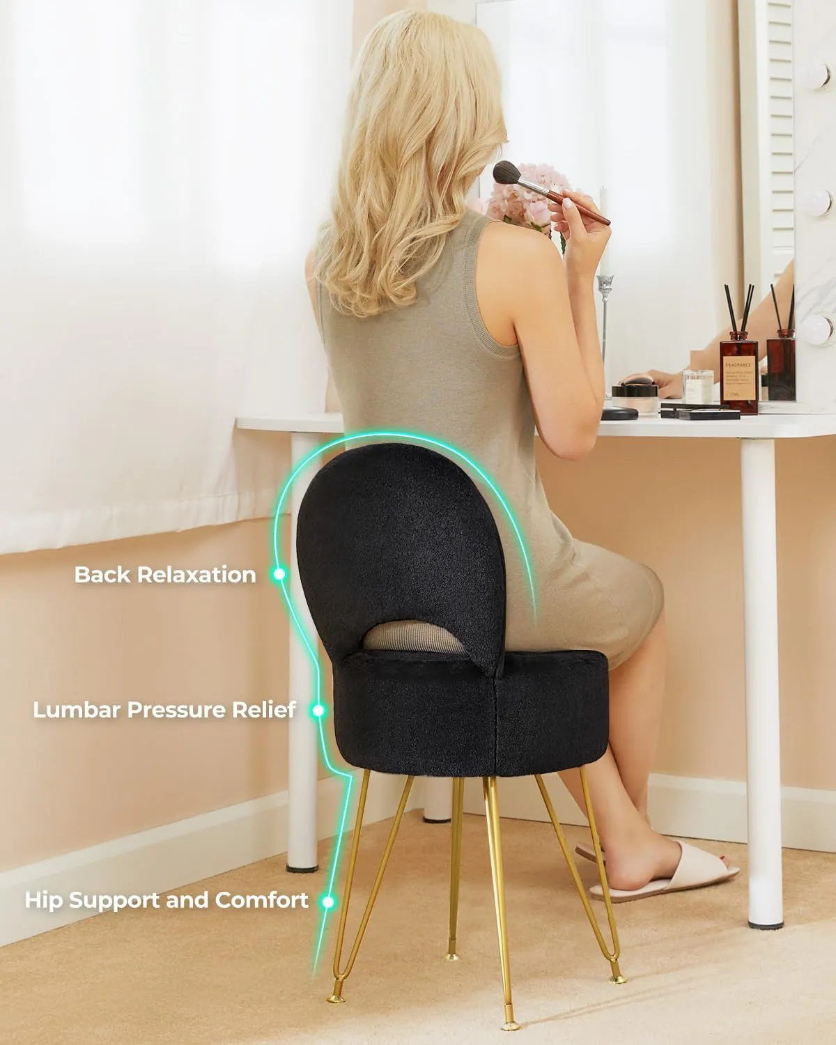 GREENSTELL Small Vanity Stool Chair with Storage and Folding Back, 13" x 13" x 17.7" Faux Fur Soft Ottoman for Teenager, 4 Metal Legs with Anti-Slip Feet, Furry Padded Seat for Makeup, Bedroom, Black