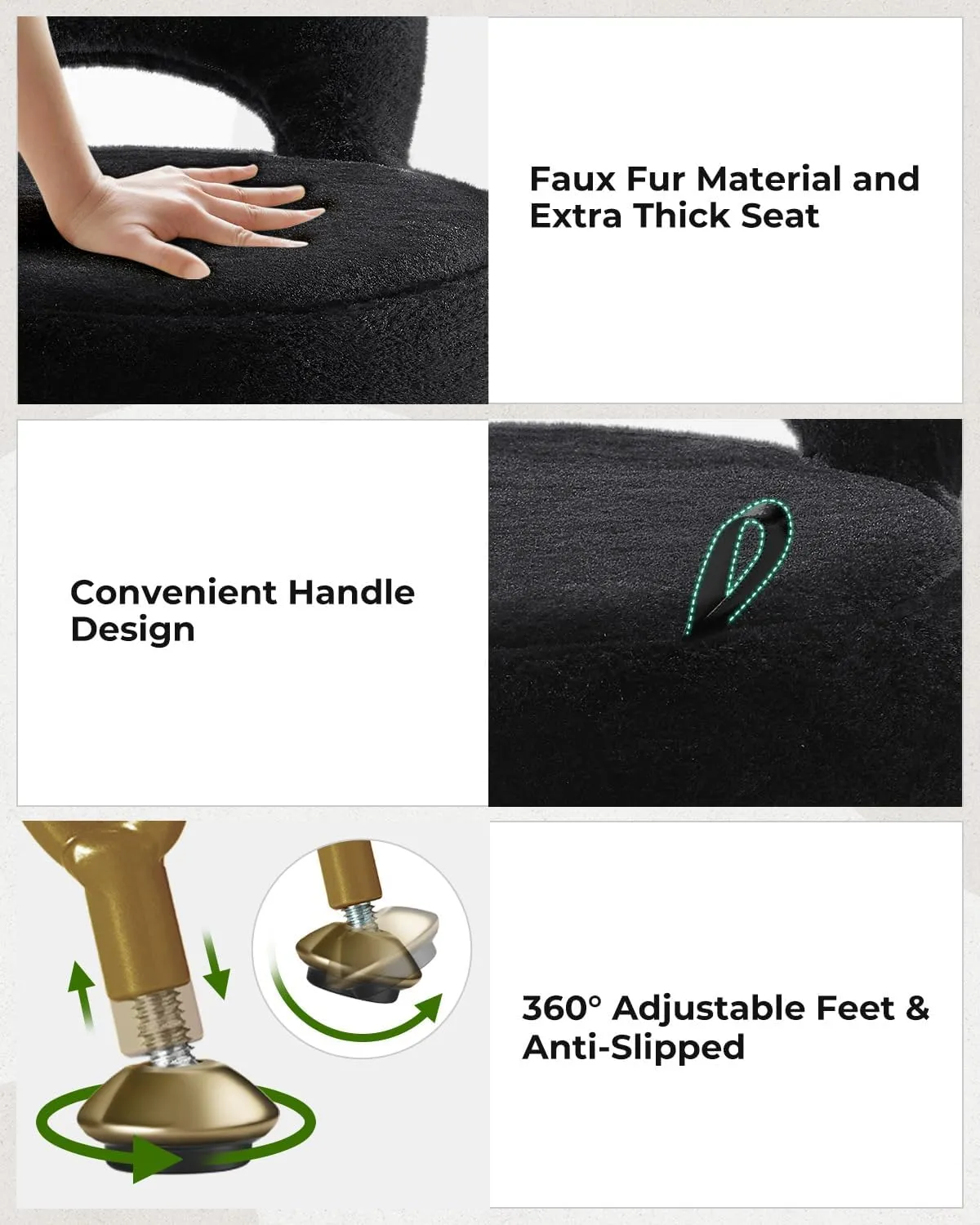 GREENSTELL Small Vanity Stool Chair with Storage and Folding Back, 13" x 13" x 17.7" Faux Fur Soft Ottoman for Teenager, 4 Metal Legs with Anti-Slip Feet, Furry Padded Seat for Makeup, Bedroom, Black