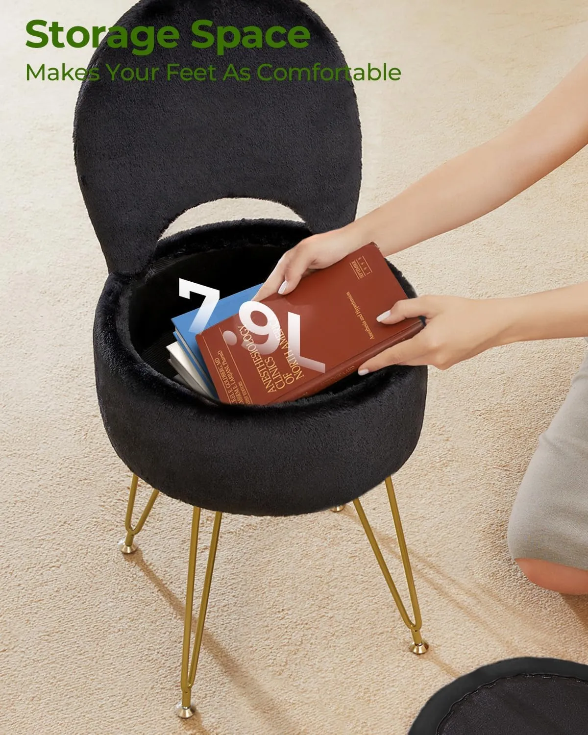 GREENSTELL Small Vanity Stool Chair with Storage and Folding Back, 13" x 13" x 17.7" Faux Fur Soft Ottoman for Teenager, 4 Metal Legs with Anti-Slip Feet, Furry Padded Seat for Makeup, Bedroom, Black