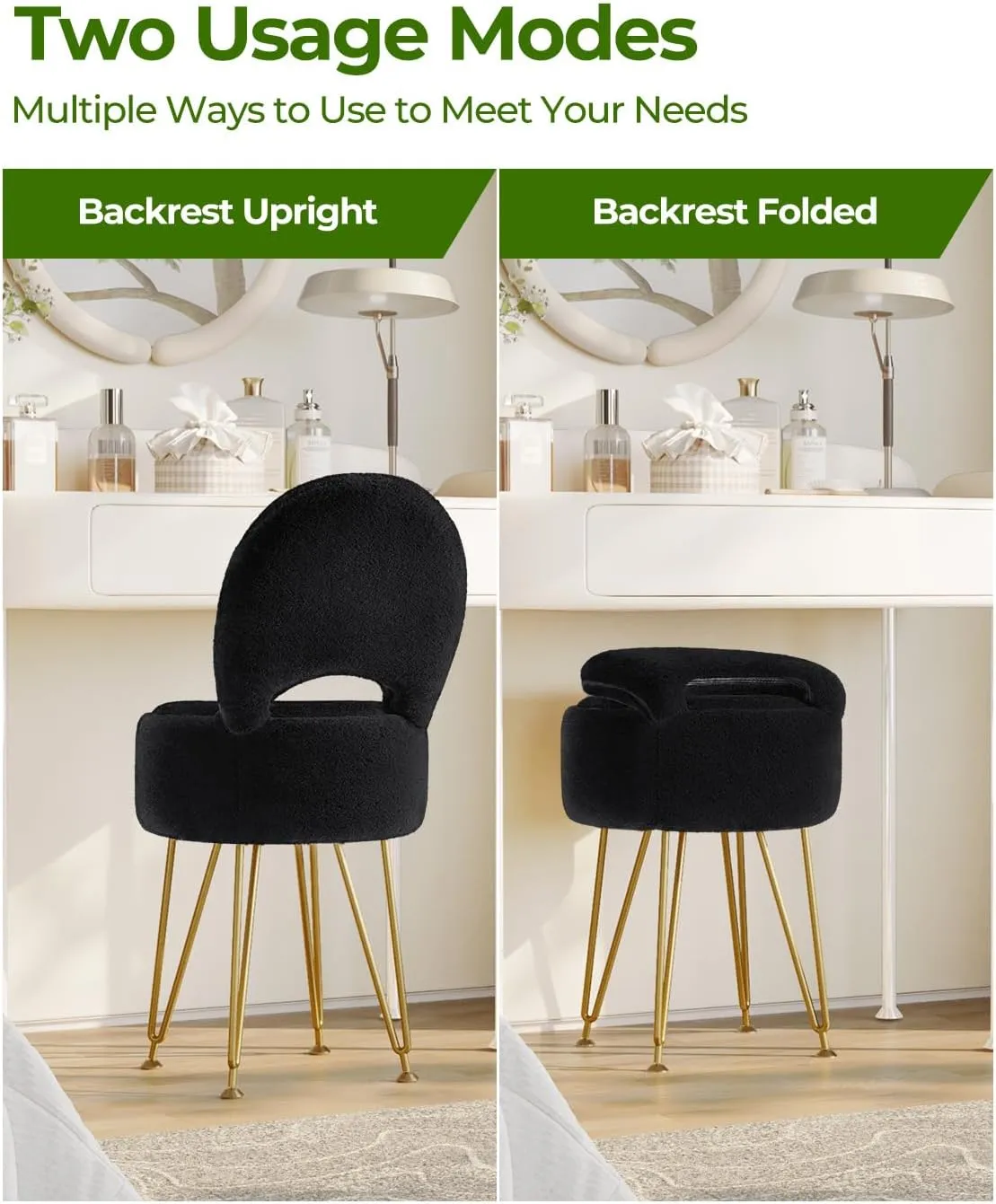 GREENSTELL Small Vanity Stool Chair with Storage and Folding Back, 13" x 13" x 17.7" Faux Fur Soft Ottoman for Teenager, 4 Metal Legs with Anti-Slip Feet, Furry Padded Seat for Makeup, Bedroom, Black
