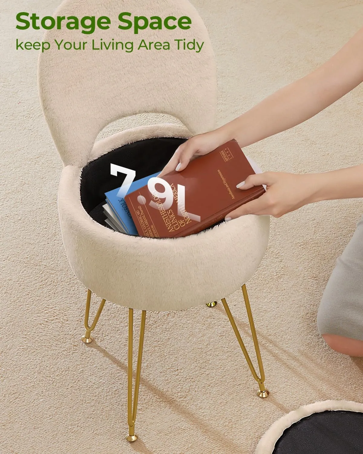 GREENSTELL Small Vanity Stool Chair with Storage and Folding Back, 13" x 13" x 17.7" Faux Fur Soft Ottoman for Teenager, 4 Metal Legs with Anti-Slip Feet, Furry Padded Seat for Makeup, Bedroom, Camel