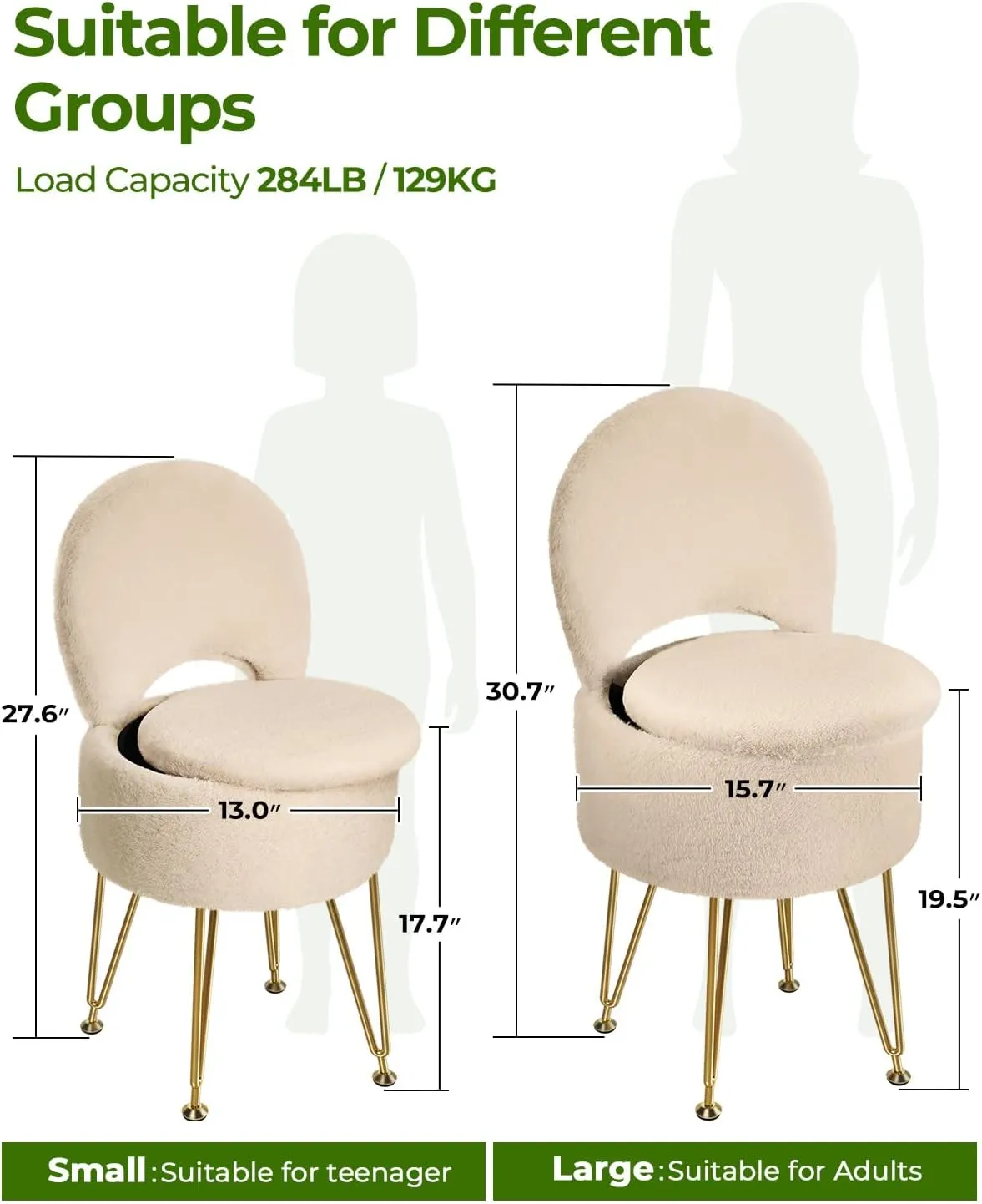 GREENSTELL Small Vanity Stool Chair with Storage and Folding Back, 13" x 13" x 17.7" Faux Fur Soft Ottoman for Teenager, 4 Metal Legs with Anti-Slip Feet, Furry Padded Seat for Makeup, Bedroom, Camel