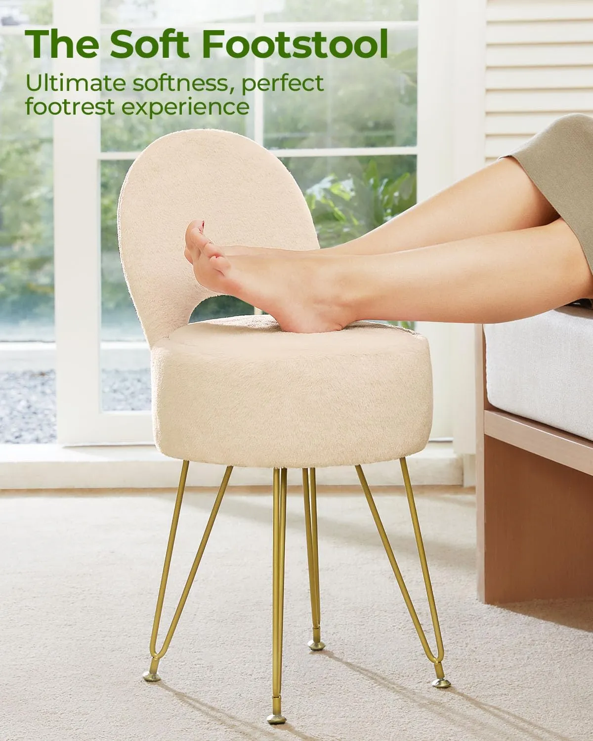 GREENSTELL Small Vanity Stool Chair with Storage and Folding Back, 13" x 13" x 17.7" Faux Fur Soft Ottoman for Teenager, 4 Metal Legs with Anti-Slip Feet, Furry Padded Seat for Makeup, Bedroom, Camel
