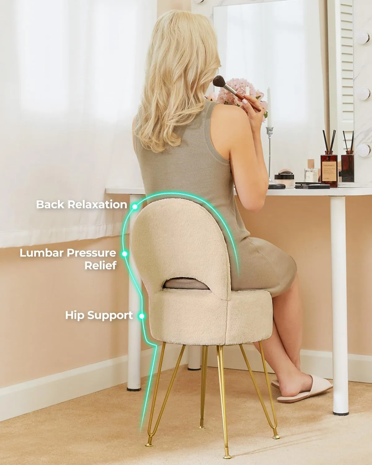 GREENSTELL Small Vanity Stool Chair with Storage and Folding Back, 13" x 13" x 17.7" Faux Fur Soft Ottoman for Teenager, 4 Metal Legs with Anti-Slip Feet, Furry Padded Seat for Makeup, Bedroom, Camel