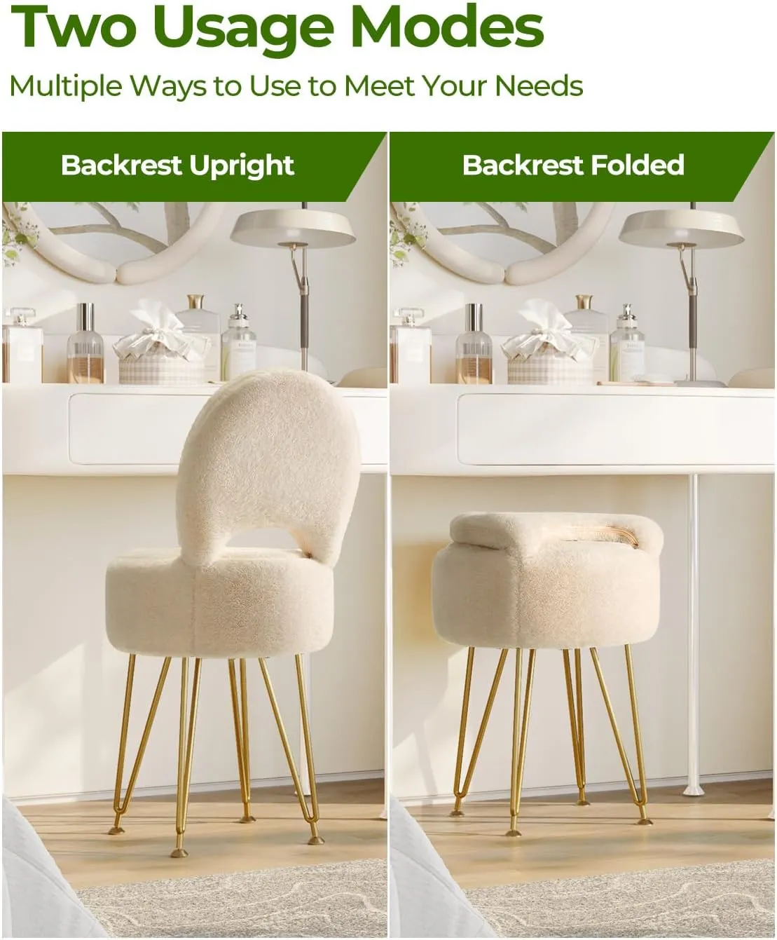 GREENSTELL Small Vanity Stool Chair with Storage and Folding Back, 13" x 13" x 17.7" Faux Fur Soft Ottoman for Teenager, 4 Metal Legs with Anti-Slip Feet, Furry Padded Seat for Makeup, Bedroom, Camel