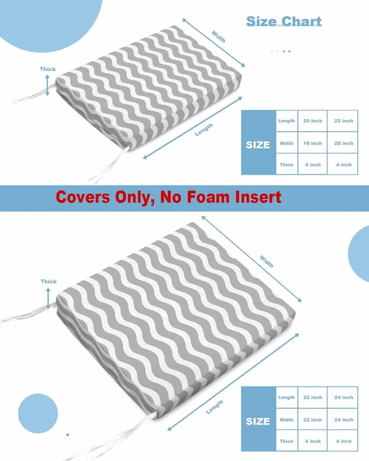 Grey Moire Ombre Outdoor Cushion Chair Cover Set of 2 - Waterproof Couch Seat Covers, Water Ripple Stripe Farmhouse Patio Furniture Protector Cushions Slipcovers for Sofa/RV, 22"x20"x4"