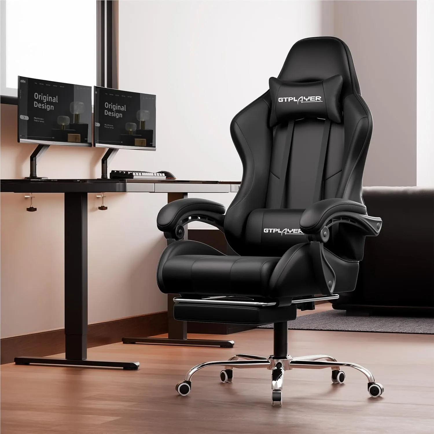 GTPLAYER Gaming Chair, Computer Chair with Footrest and Lumbar Support, Height Adjustable Game Chair with 360°-Swivel Seat and Headrest and for Office or Gaming (Faux Leather, Black)