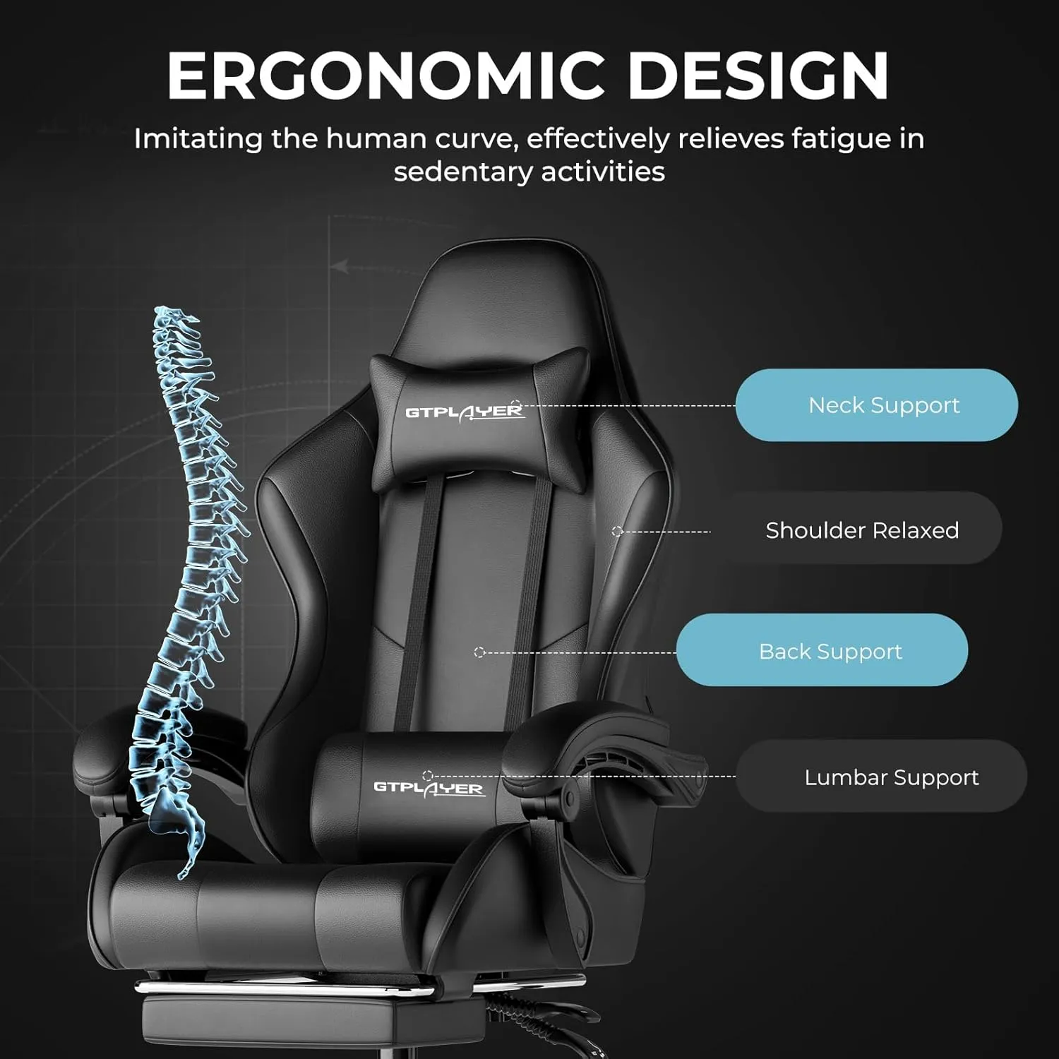GTPLAYER Gaming Chair, Computer Chair with Footrest and Lumbar Support, Height Adjustable Game Chair with 360°-Swivel Seat and Headrest and for Office or Gaming (Faux Leather, Black)