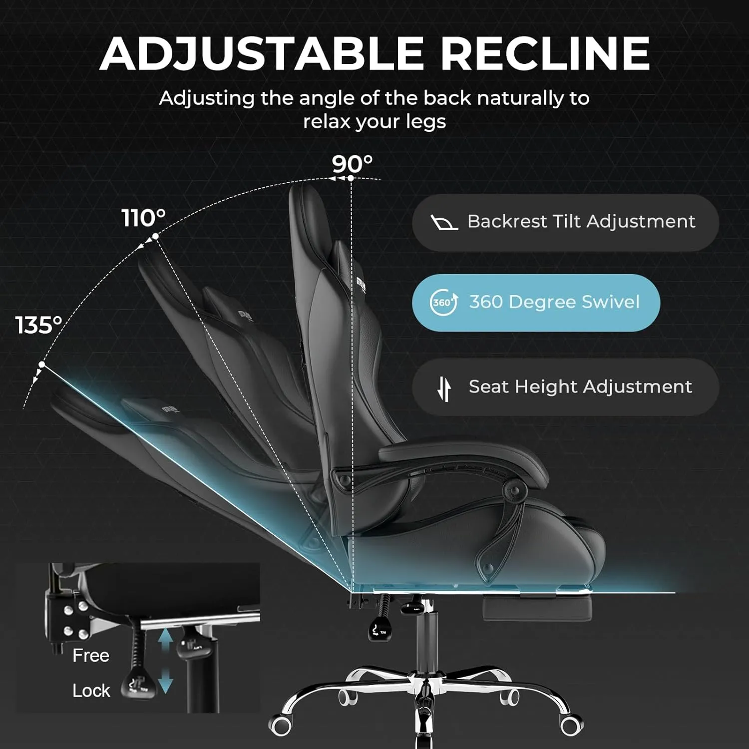 GTPLAYER Gaming Chair, Computer Chair with Footrest and Lumbar Support, Height Adjustable Game Chair with 360°-Swivel Seat and Headrest and for Office or Gaming (Faux Leather, Black)