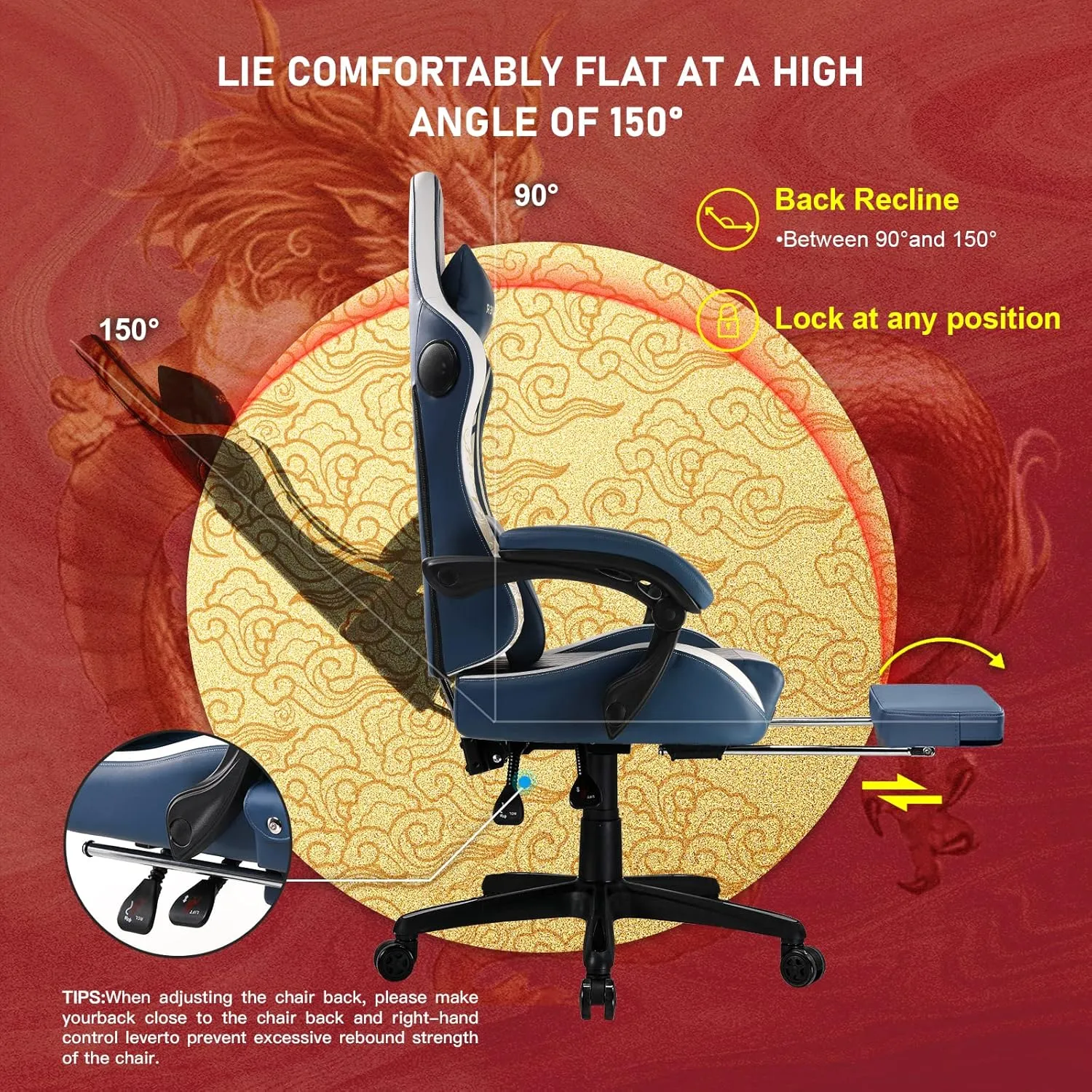 GTPLAYER Gaming Chair with Bluetooth Speakers and Footrest, Dragon Series Video Game Chair ，Heavy Duty, Ergonomic, Esports Computer Office Chair Blue (Royal Blue)