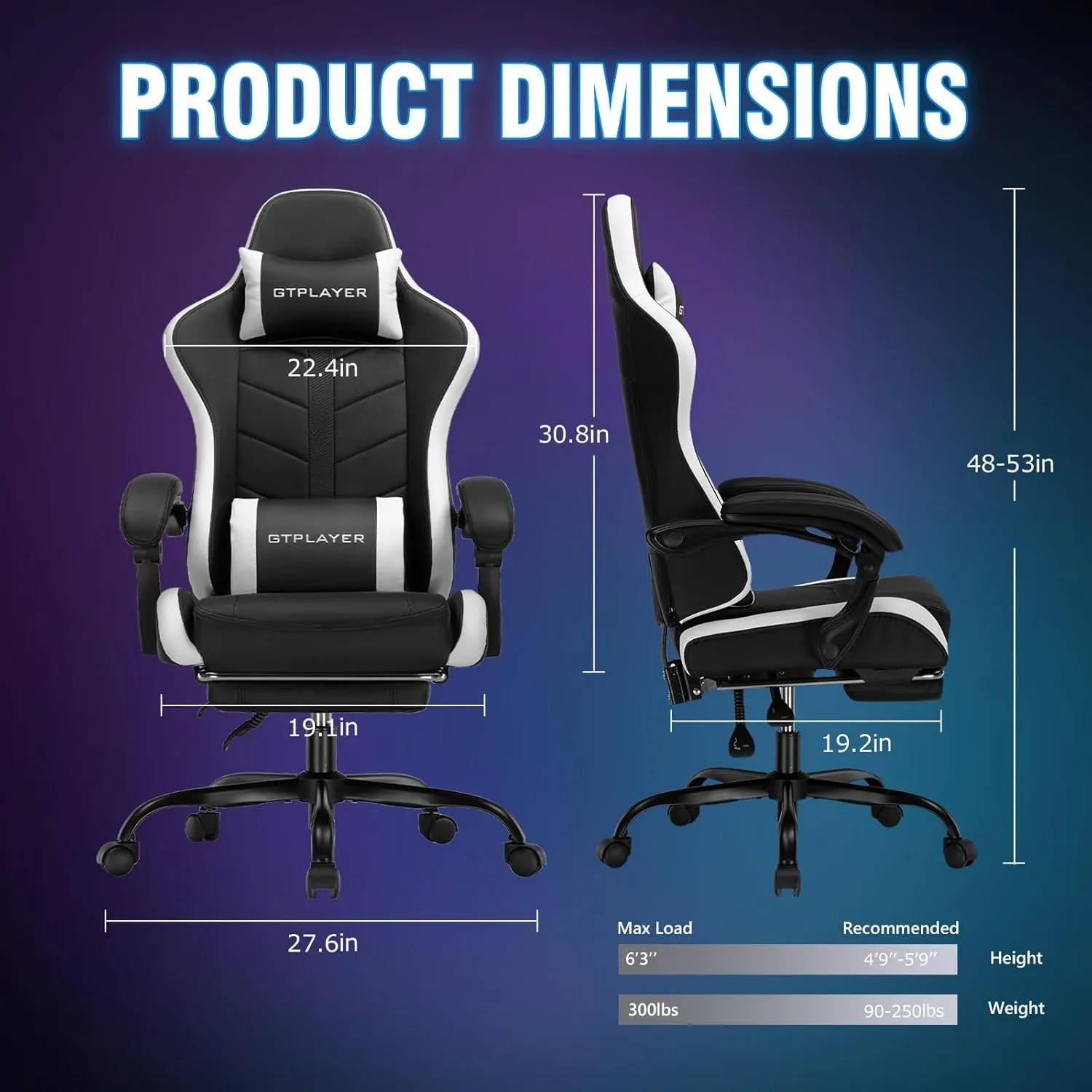 GTPLAYER Gaming Chair with Footrest, Ergonomic Game Chair for Adults and Kids, Adjustable Computer Chair with Reclining Function and Comfortable Headrest for Home and Office Use (White)