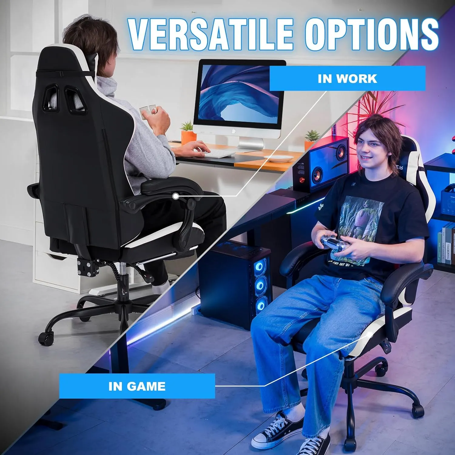 GTPLAYER Gaming Chair with Footrest, Ergonomic Game Chair for Adults and Kids, Adjustable Computer Chair with Reclining Function and Comfortable Headrest for Home and Office Use (White)