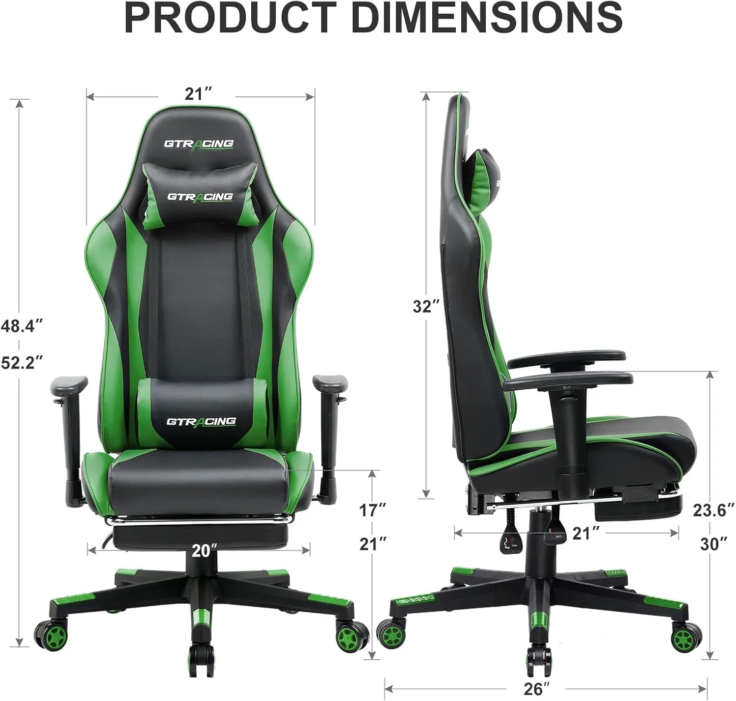 GTRACING Gaming Chair with Footrest, Ergonomic Computer Game Desk Chair, Reclining Chair Seat Height Adjustment, Swivel Rocker with Headrest and Lumbar (Green)