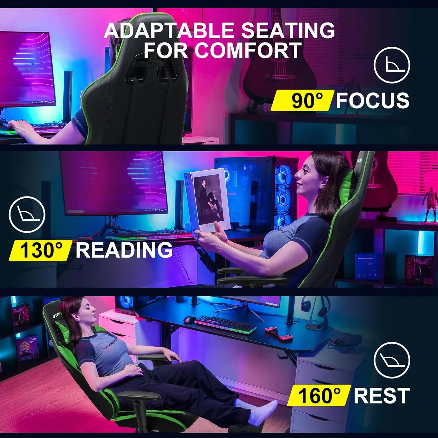 GTRACING Gaming Chair with Footrest, Ergonomic Computer Game Desk Chair, Reclining Chair Seat Height Adjustment, Swivel Rocker with Headrest and Lumbar (Green)