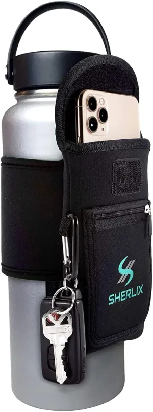 Gym Water Bottle Pouch, Waterproof Neoprene Sleeve with Accessory Pockets for Cell Phone, Airpods, Cards, Keychain Carabiner, Bottle Holder for Workout, Hiking, and More, Fits 18-40 oz Bottles