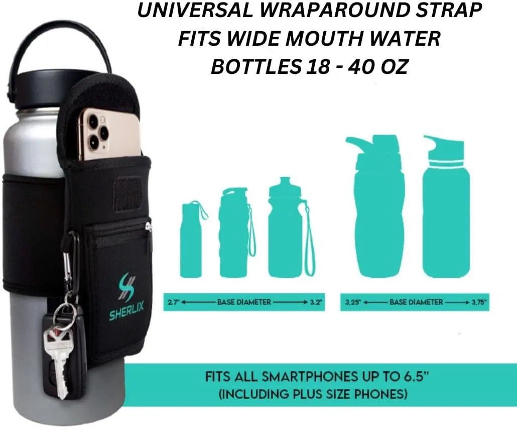 Gym Water Bottle Pouch, Waterproof Neoprene Sleeve with Accessory Pockets for Cell Phone, Airpods, Cards, Keychain Carabiner, Bottle Holder for Workout, Hiking, and More, Fits 18-40 oz Bottles