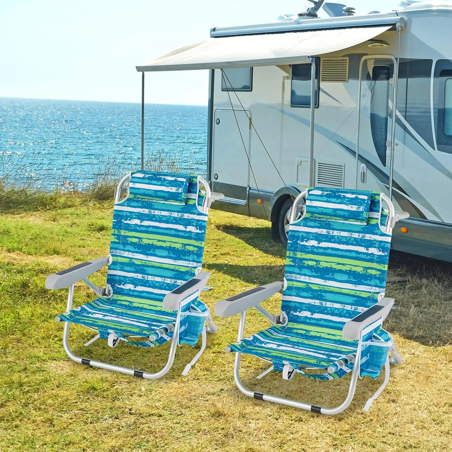 GYMAX Beach Chair, 330lbs Backpack Lounger with 5-Position Backrest, Storage Bag, Side Pocket, Towel Bar & Headrest, Foldable Low Beach Lounge, Portable Aluminum Lay Out Camp Chair (1, Blue)