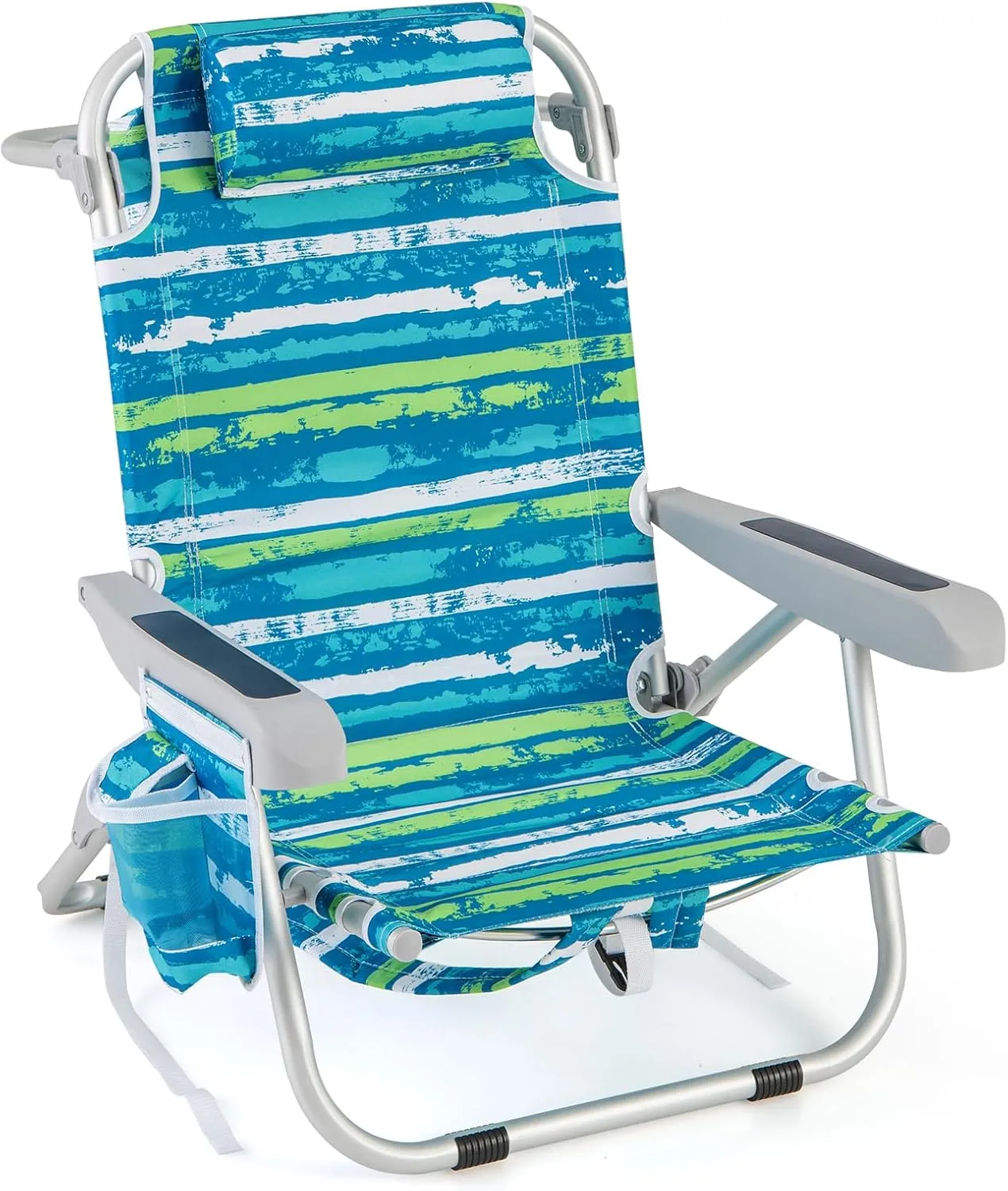 GYMAX Beach Chair, 330lbs Backpack Lounger with 5-Position Backrest, Storage Bag, Side Pocket, Towel Bar & Headrest, Foldable Low Beach Lounge, Portable Aluminum Lay Out Camp Chair (1, Blue)